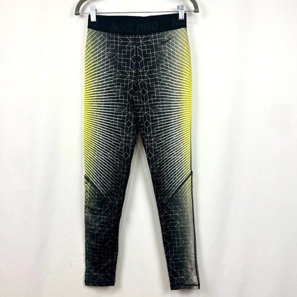 Nike Pro Leggings Womens Size S Neon Green Gray Black Abstract Stretch Running - Picture 1 of 14